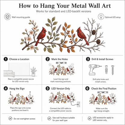 How to Hang - Cardinal Bird Metal Wall Art Four Seasons Wall Decor Flat
