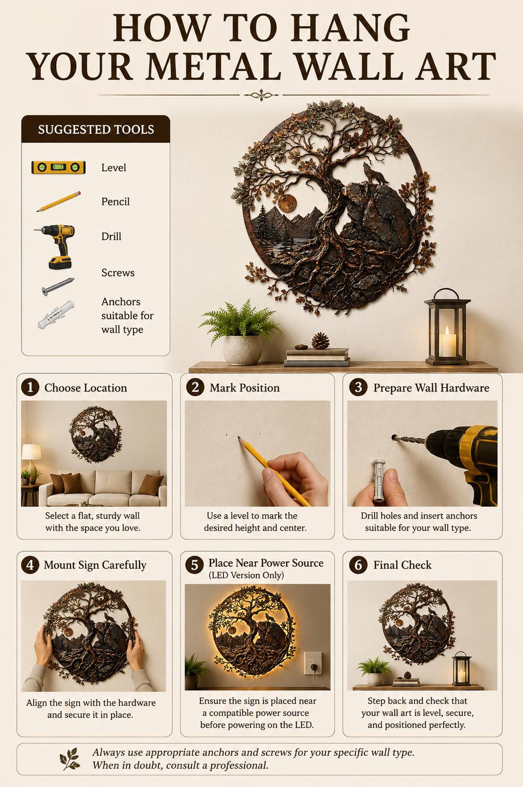 How to Hang - Ancient Oak Tree Metal Wall Art Wolf Mountain Wilderness Decor