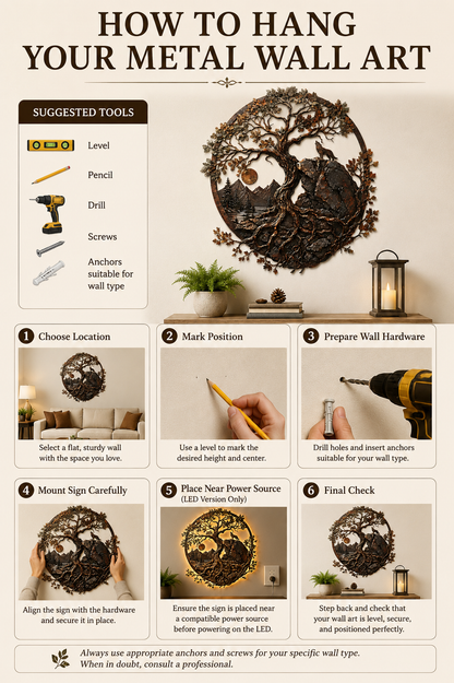 How to Hang - Ancient Oak Tree Metal Wall Art Wolf Mountain Wilderness Decor