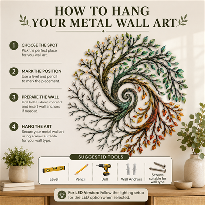Four Seasons Tree of Life Metal Wall Art Spiral Tree Wall Decor Circular Nature Art for Living Room — How to Hang