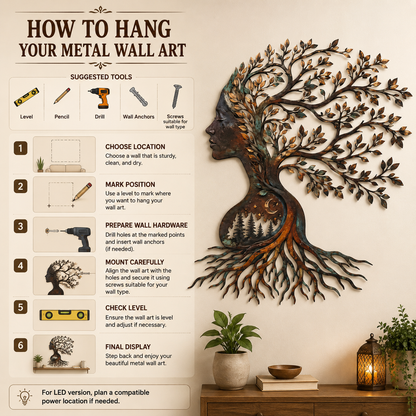How to Hang - Woman Tree of Life Metal Wall Art Mother Nature Goddess