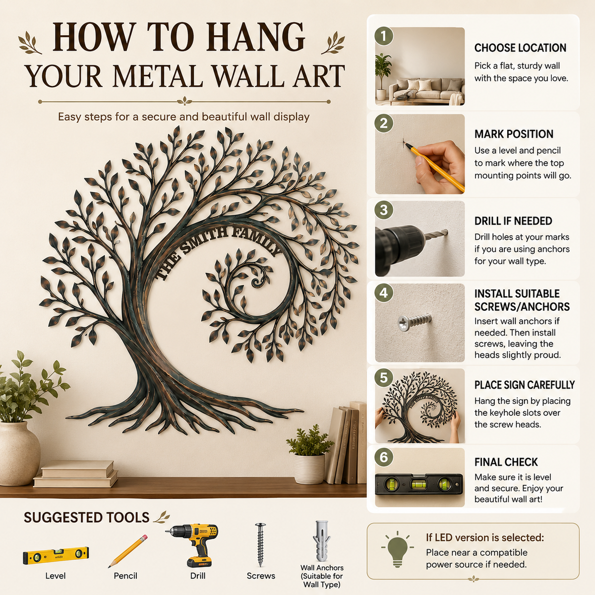 How to Hang Safe Placement - Personalized Family Tree Metal Wall Art Custom Family Name Sign