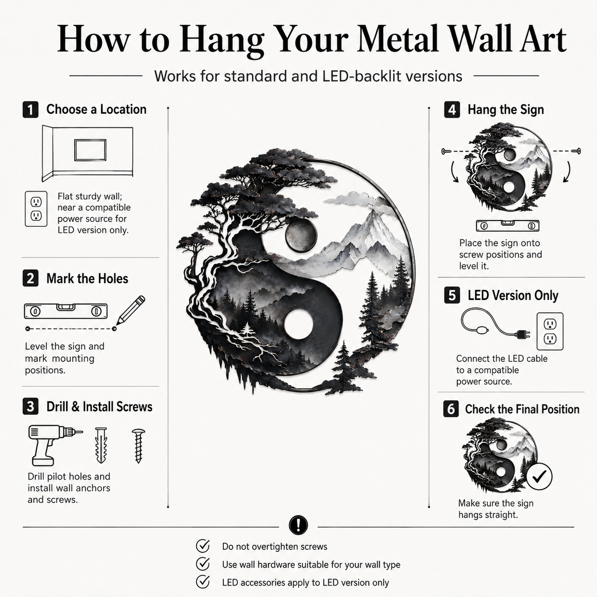 Yin Yang Metal Wall Decor, Mountain and Tree Wall Art, Zen Nature Wall Sign, Rustic Landscape Home Decor With LED — How to Hang Safe Placement