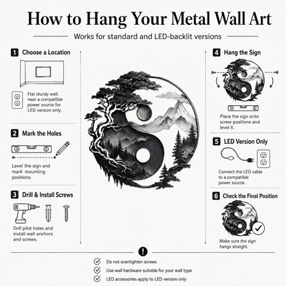 Yin Yang Metal Wall Decor, Mountain and Tree Wall Art, Zen Nature Wall Sign, Rustic Landscape Home Decor With LED — How to Hang Safe Placement