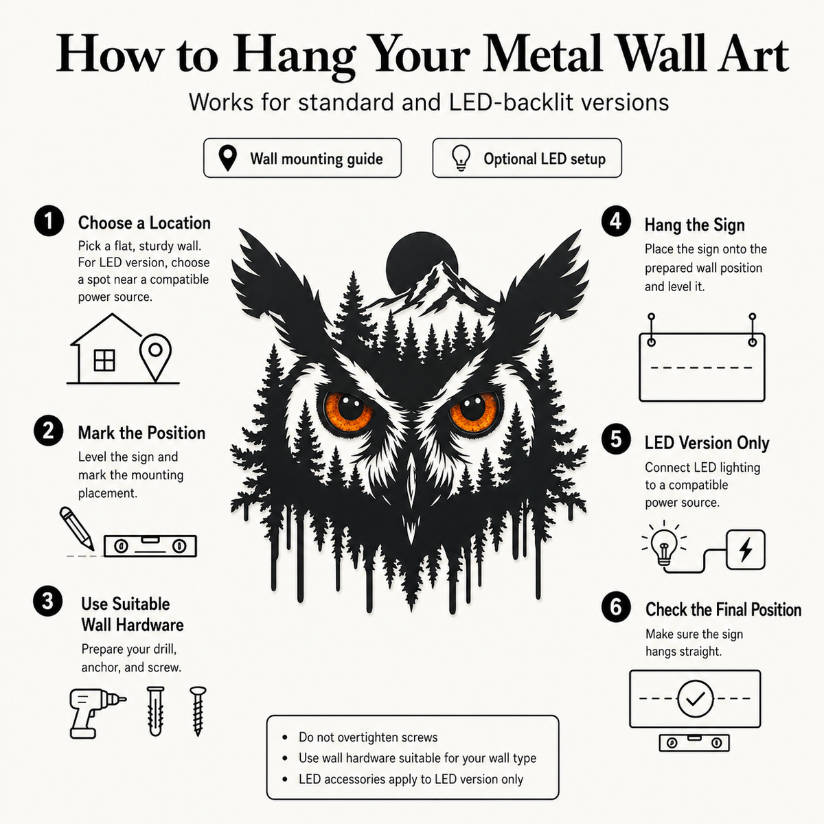 How to Hang  Safe Placement - Owl Metal Wall Art Glowing Owl Eyes Wildlife Art Woodland