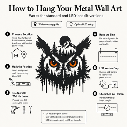 How to Hang  Safe Placement - Owl Metal Wall Art Glowing Owl Eyes Wildlife Art Woodland