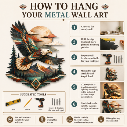 How to Hang Safe Placement - Bald Eagle Metal Wall Art Wildlife Wall Decor Southwestern Eagle