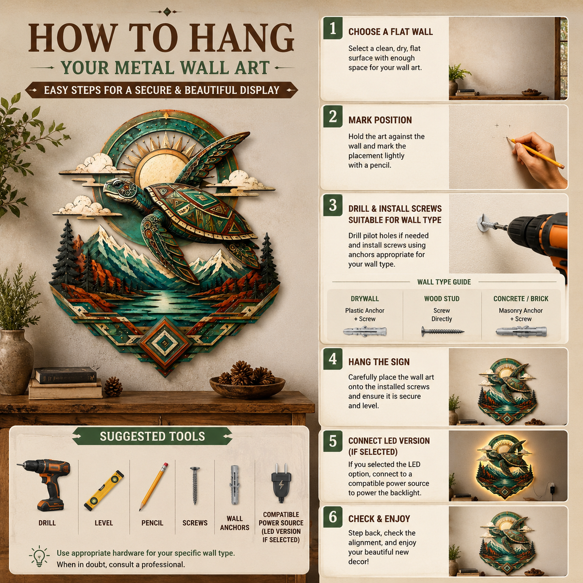 How to Hang Safe Placement - Sea Turtle Metal Wall Art Southwestern Wildlife Decor Mountain Lake