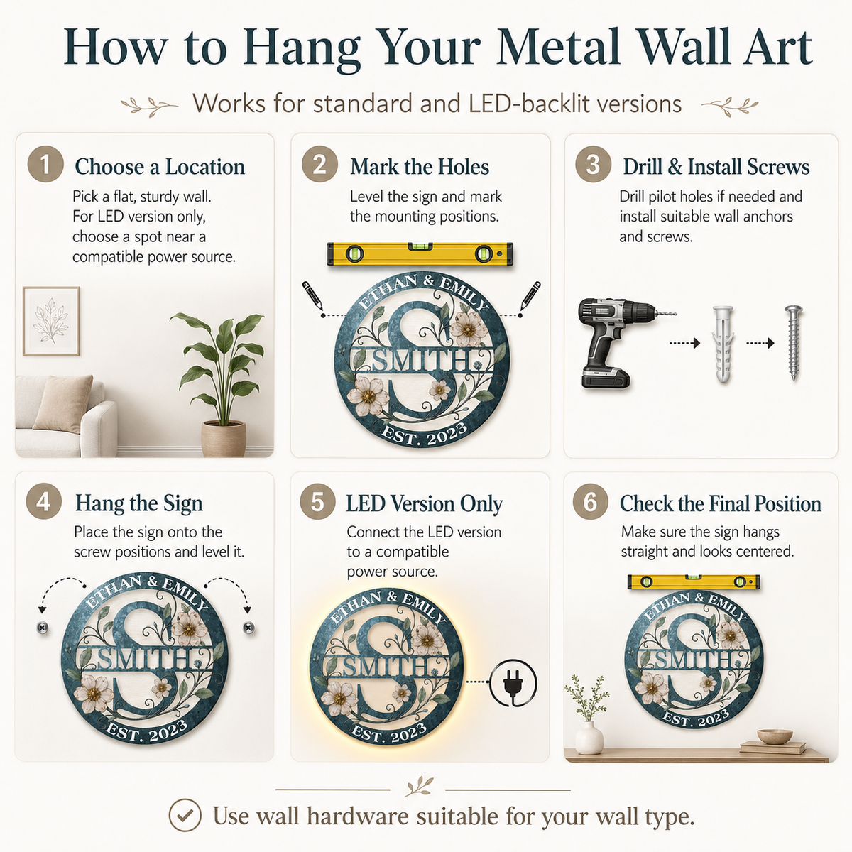 How to Hang  Safe Placement - Personalized Family Name Sign Custom Monogram Metal Wall Art Wedding