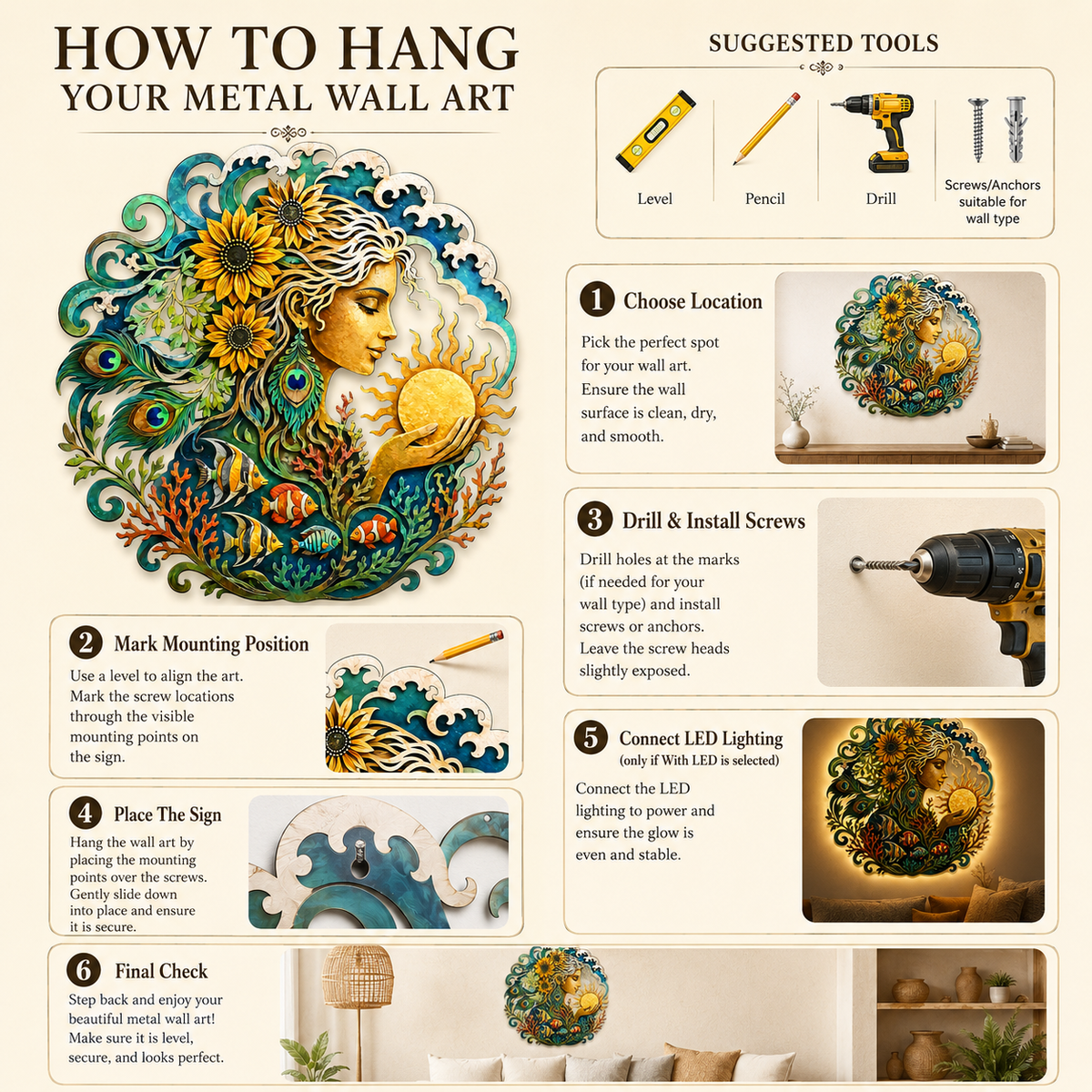 How to Hang  Safe Placement v4.6 - Mother Ocean Metal Wall Art Ocean Goddess Wall Decor Coastal