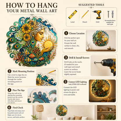 How to Hang  Safe Placement v4.6 - Mother Ocean Metal Wall Art Ocean Goddess Wall Decor Coastal