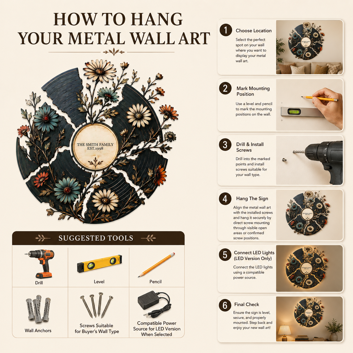 How to Hang  Safe Placement v4.6 - Personalized Floral Record Metal Wall Art Custom Vinyl Record Decor