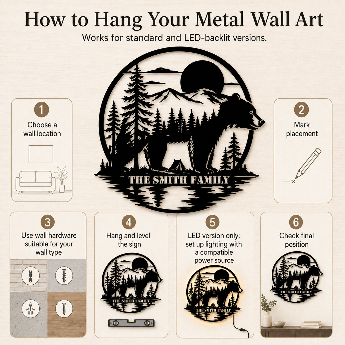How to Hang Wall Display Guide - Personalized Bear Metal Sign Custom Family Name Cabin Wall Decor