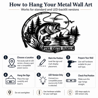 How to Hang - Personalized Fishing Metal Sign Custom Family Name Bass Fishing Wall