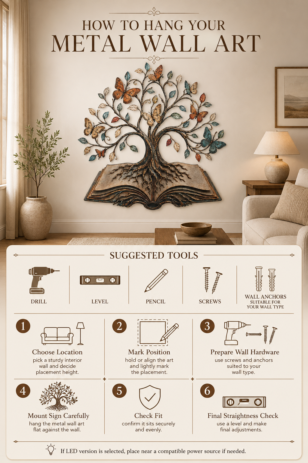 How to Hang - Tree of Knowledge Metal Wall Art Open Book Butterfly Tree