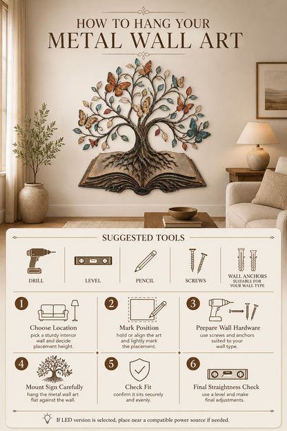 How to Hang - Tree of Knowledge Metal Wall Art Open Book Butterfly Tree