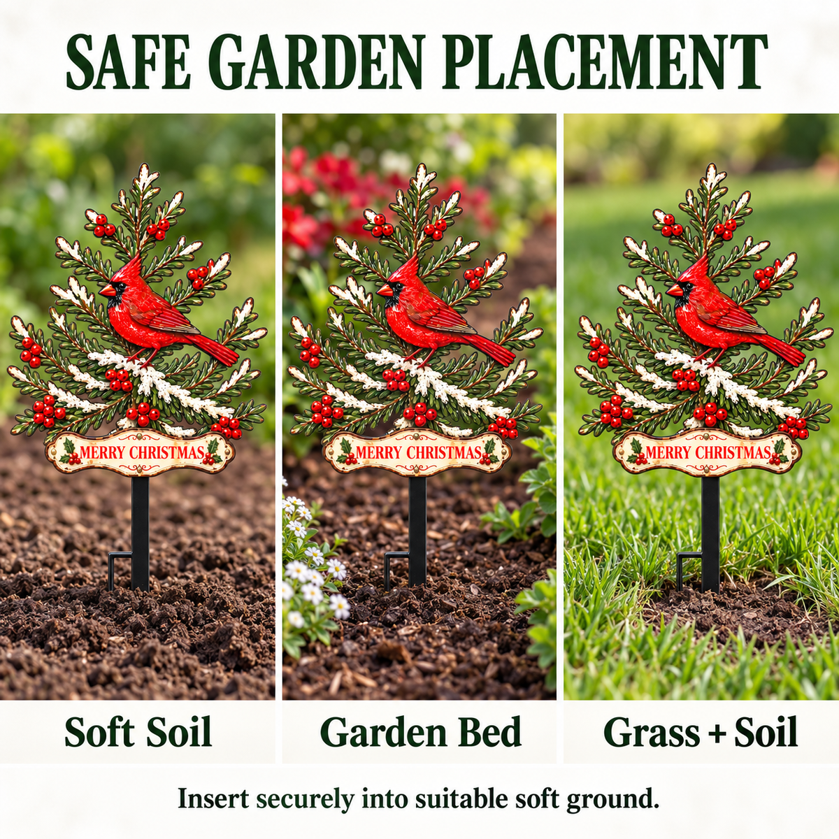Custom Cardinal Christmas Pine Tree Metal Garden Stake Personalized Christmas Yard Art Cardinal Garden Decor Outdoor Holiday Decor — Safe Placement Guide