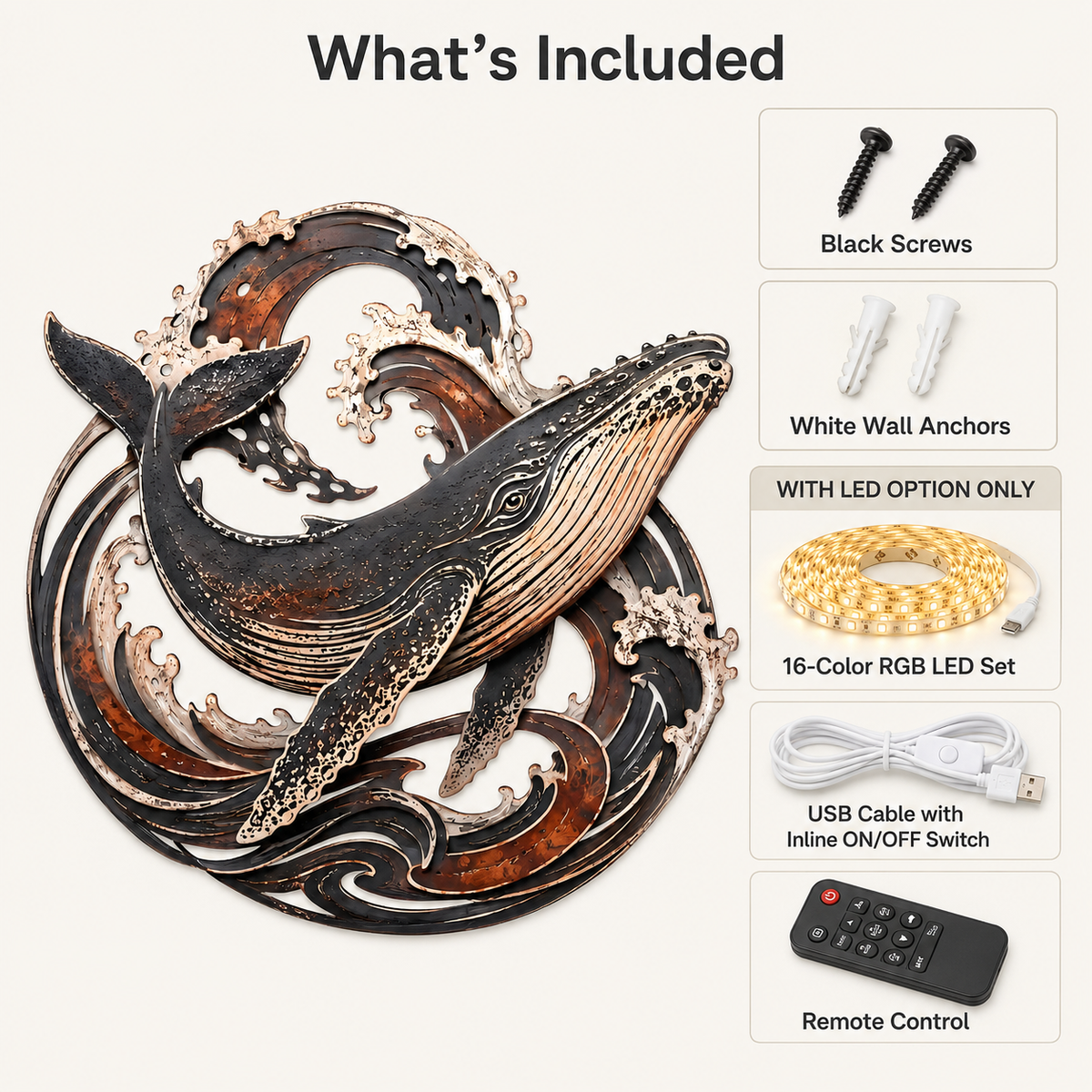 What’s Included — Whale Metal Wall Art Humpback Whale Wall Decor Ocean Wall