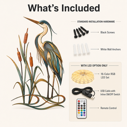 What’s Included — Heron Metal Wall Art Blue Heron Wall Decor Great Blue