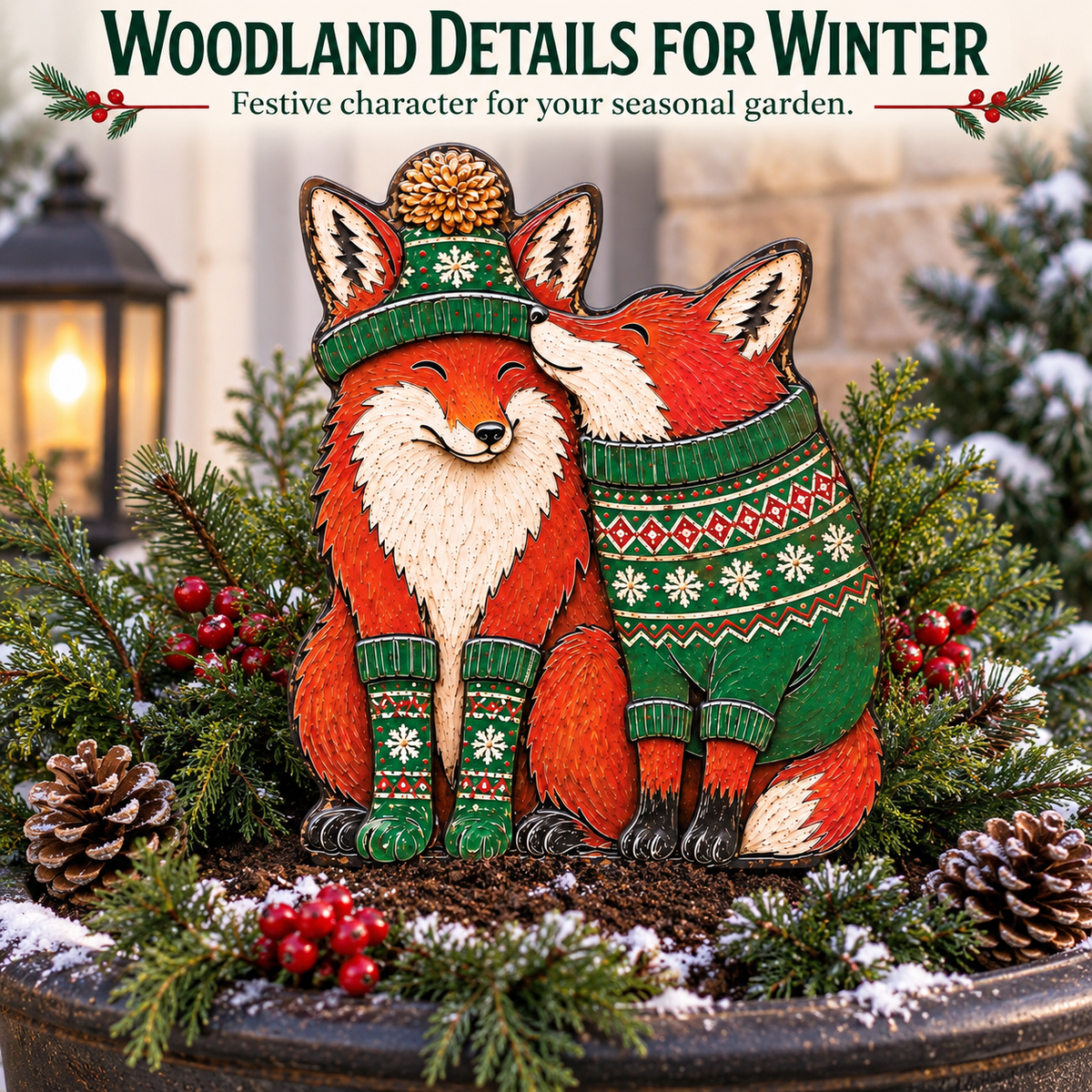 Christmas Fox Garden Stake Winter Woodland Yard Decor Couple Fox Metal Garden Art Holiday Outdoor Decor Fox Lover Gift — Winter Garden Detail Scene