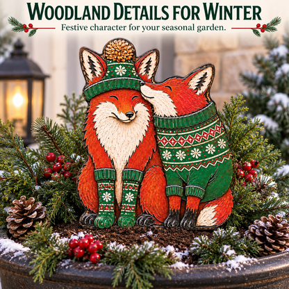 Christmas Fox Garden Stake Winter Woodland Yard Decor Couple Fox Metal Garden Art Holiday Outdoor Decor Fox Lover Gift — Winter Garden Detail Scene