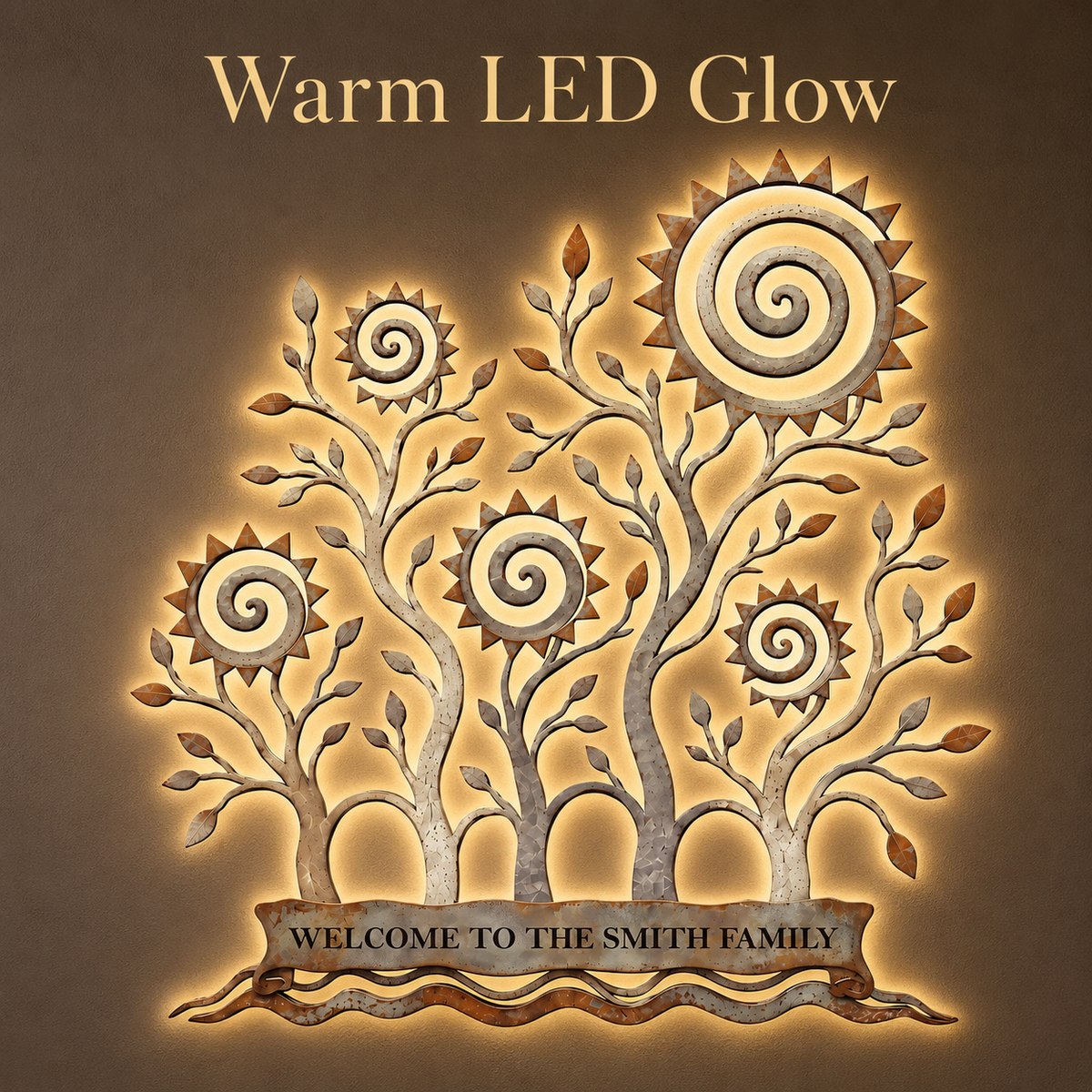 With LED Feature - Custom Family Tree Metal Wall Art Decor Personalized Family Name