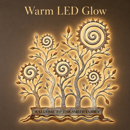 With LED Feature - Custom Family Tree Metal Wall Art Decor Personalized Family Name