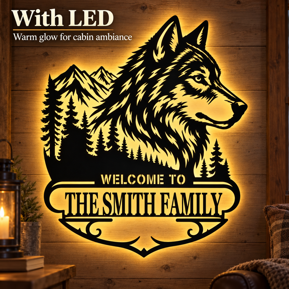 With LED Lifestyle - Custom Wolf Metal Wall Art Personalized Cabin Sign Rustic Wildlife