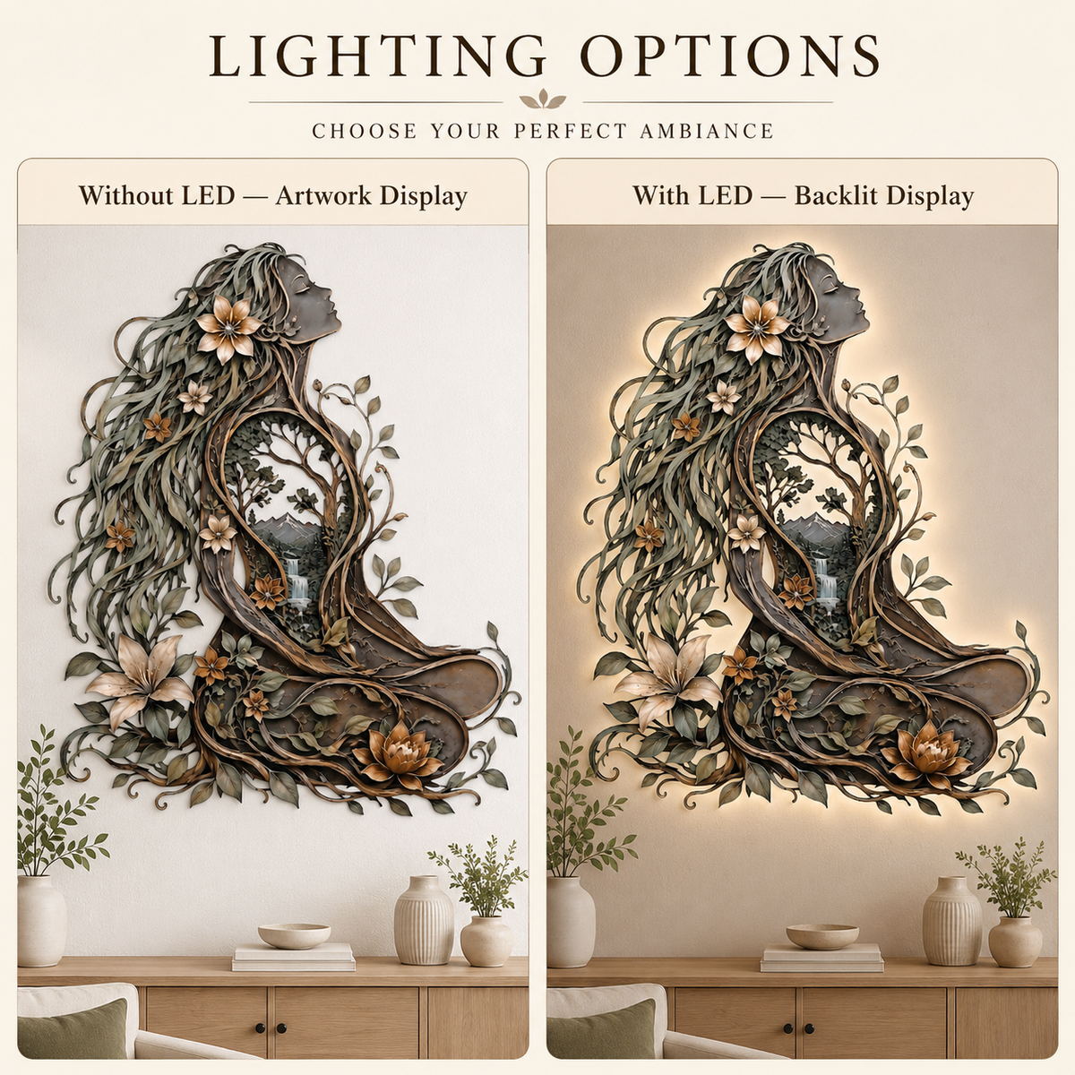 LED - Option Guide - Meditation Room Metal Wall Art Woman Tree of Life Yoga