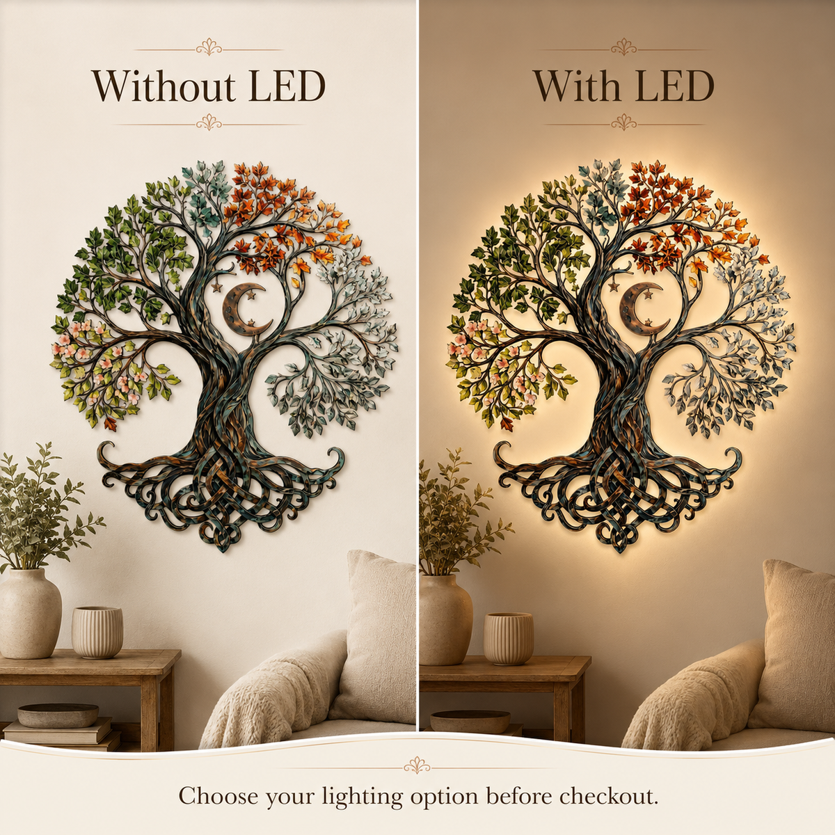 LED Option Guide - Tree of Life Metal Wall Art Celtic Four Seasons Tree