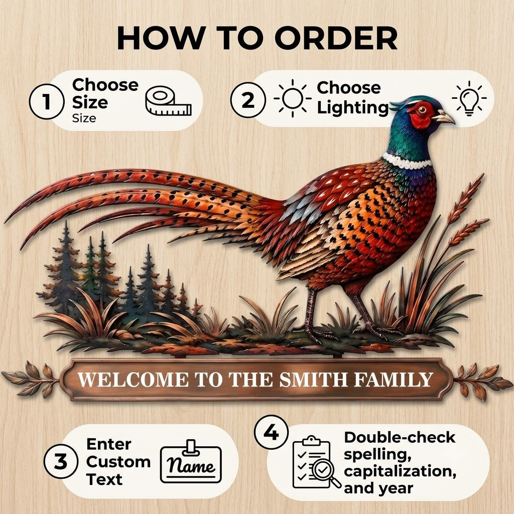 Personalized Pheasant Metal Wall Art Family Name Sign Custom Cabin Wall Decor Wildlife Lodge Decor With LED — How to Order