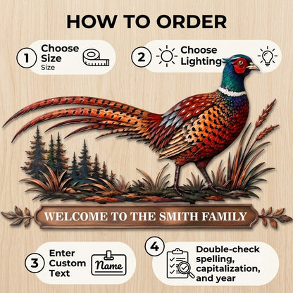 Personalized Pheasant Metal Wall Art Family Name Sign Custom Cabin Wall Decor Wildlife Lodge Decor With LED — How to Order