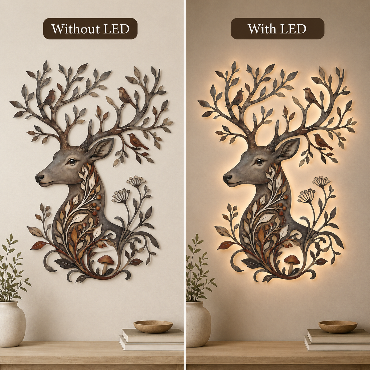 LED Lighting Option - Botanical Deer Metal Wall Art Woodland Wildlife Decor Deer Antler