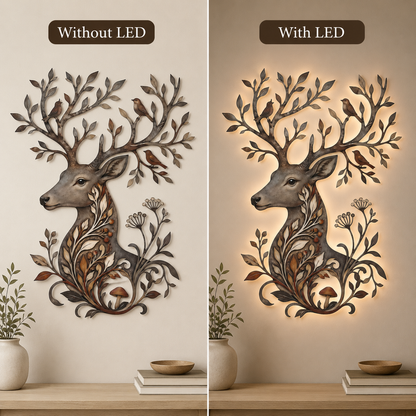 LED Lighting Option - Botanical Deer Metal Wall Art Woodland Wildlife Decor Deer Antler