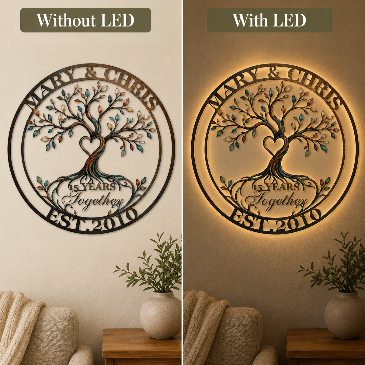 LED  Lighting Option Guide - Personalized Anniversary Gift Custom Couple Name Tree of Life Metal