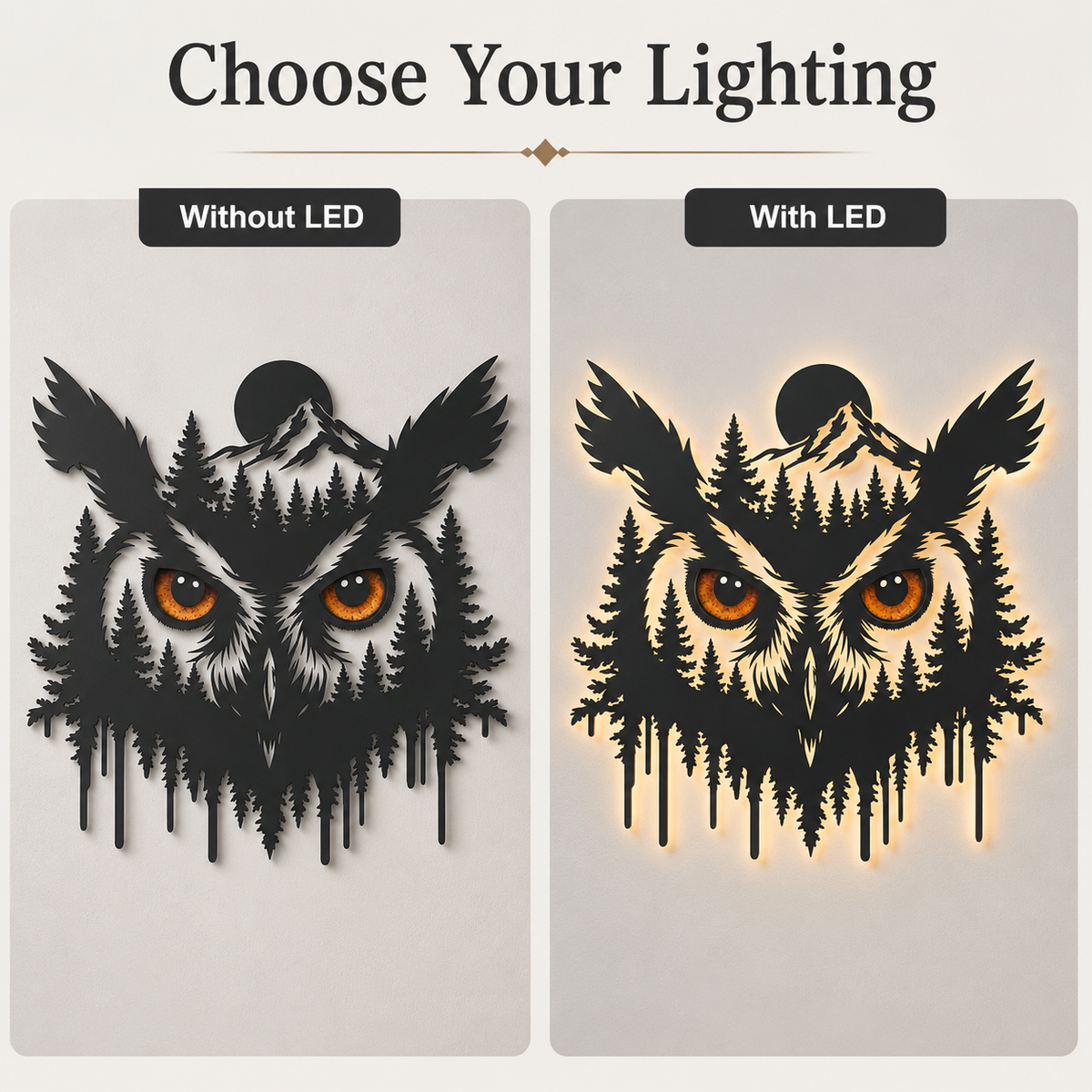 LED  Lighting Option - Owl Metal Wall Art Glowing Owl Eyes Wildlife Art Woodland