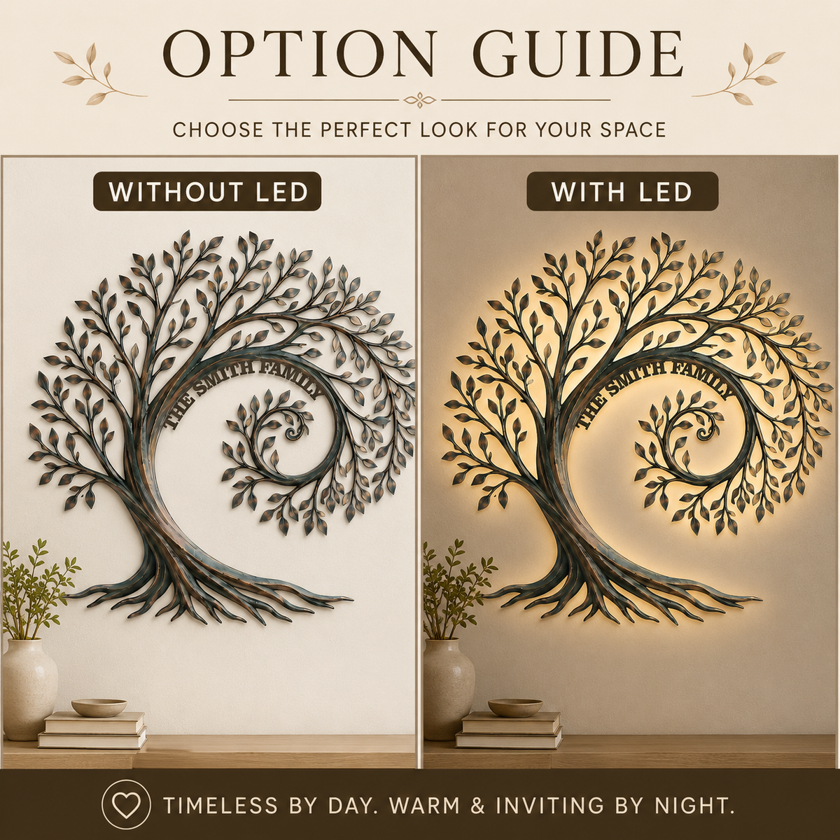 LED Option Guide - Personalized Family Tree Metal Wall Art Custom Family Name Sign