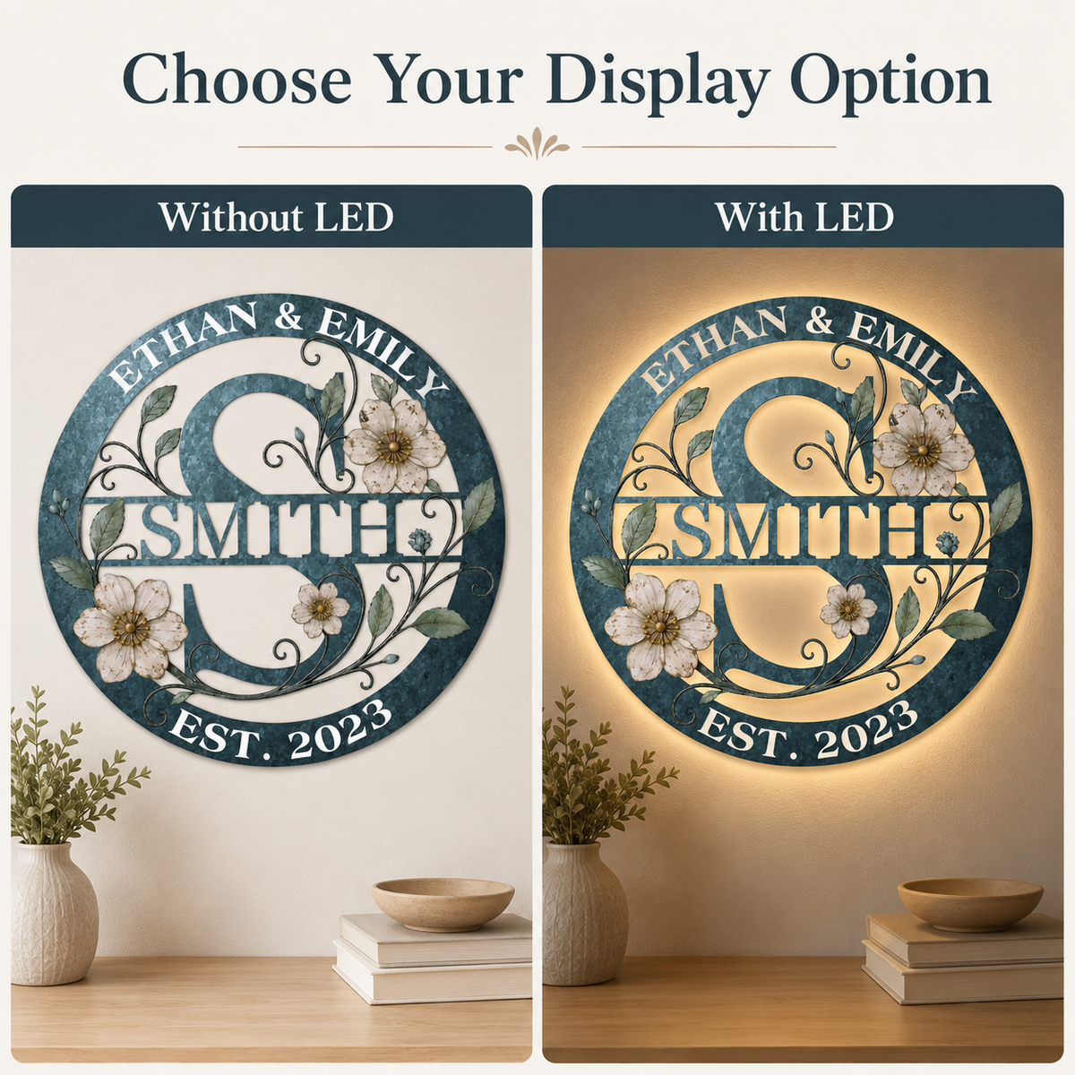 LED Option Guide - Personalized Family Name Sign Custom Monogram Metal Wall Art Wedding