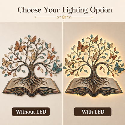 LED Option Guide - Tree of Knowledge Metal Wall Art Open Book Butterfly Tree