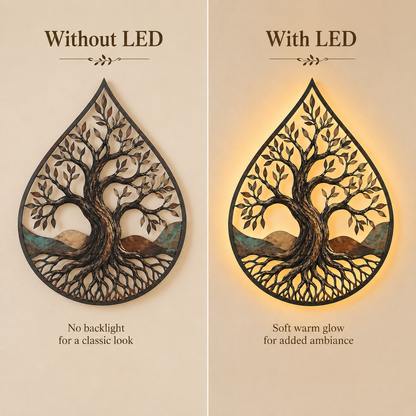 LED Option Guide - Water Drop Tree of Life Metal Wall Art Nature Inspired