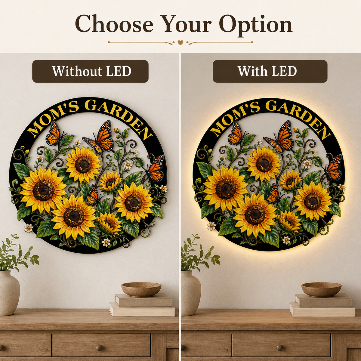 LED Option Guide - Custom Sunflower Metal Wall Art Butterfly Garden Decor Mom Garden