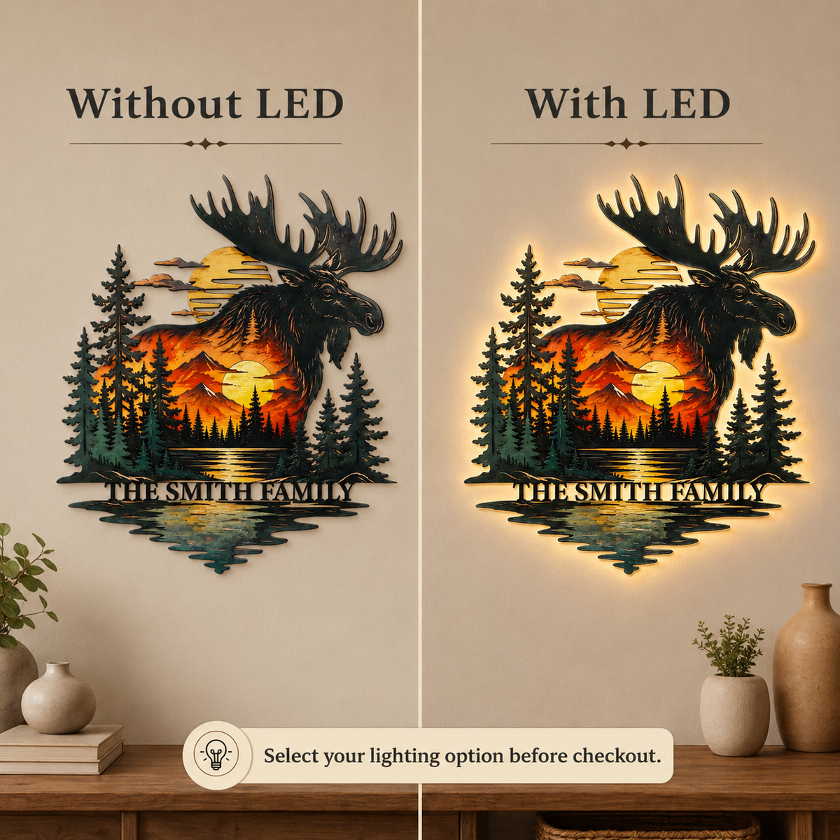 LED Option Guide - Personalized Moose Metal Wall Art Custom Family Name Cabin Sign