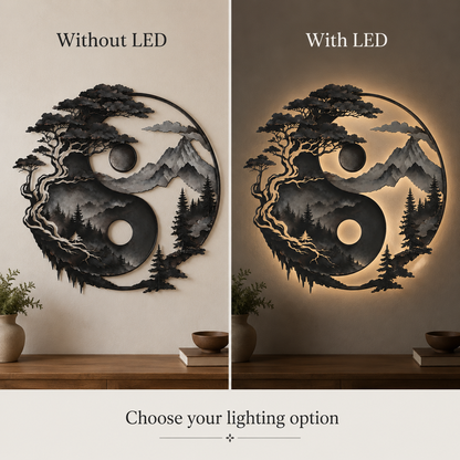 Yin Yang Metal Wall Decor, Mountain and Tree Wall Art, Zen Nature Wall Sign, Rustic Landscape Home Decor With LED — LED Option Guide