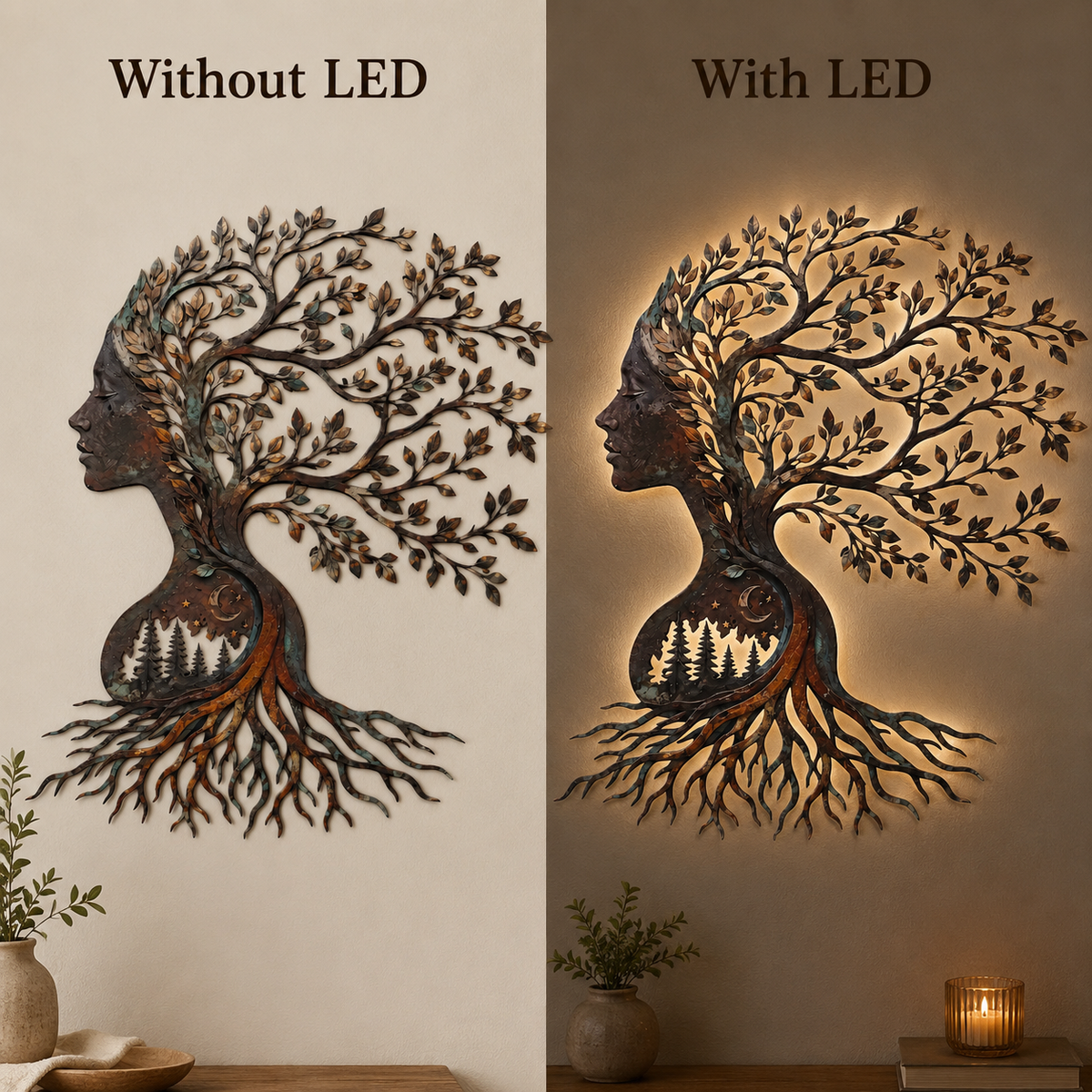 LED Option Guide - Woman Tree of Life Metal Wall Art Mother Nature Goddess