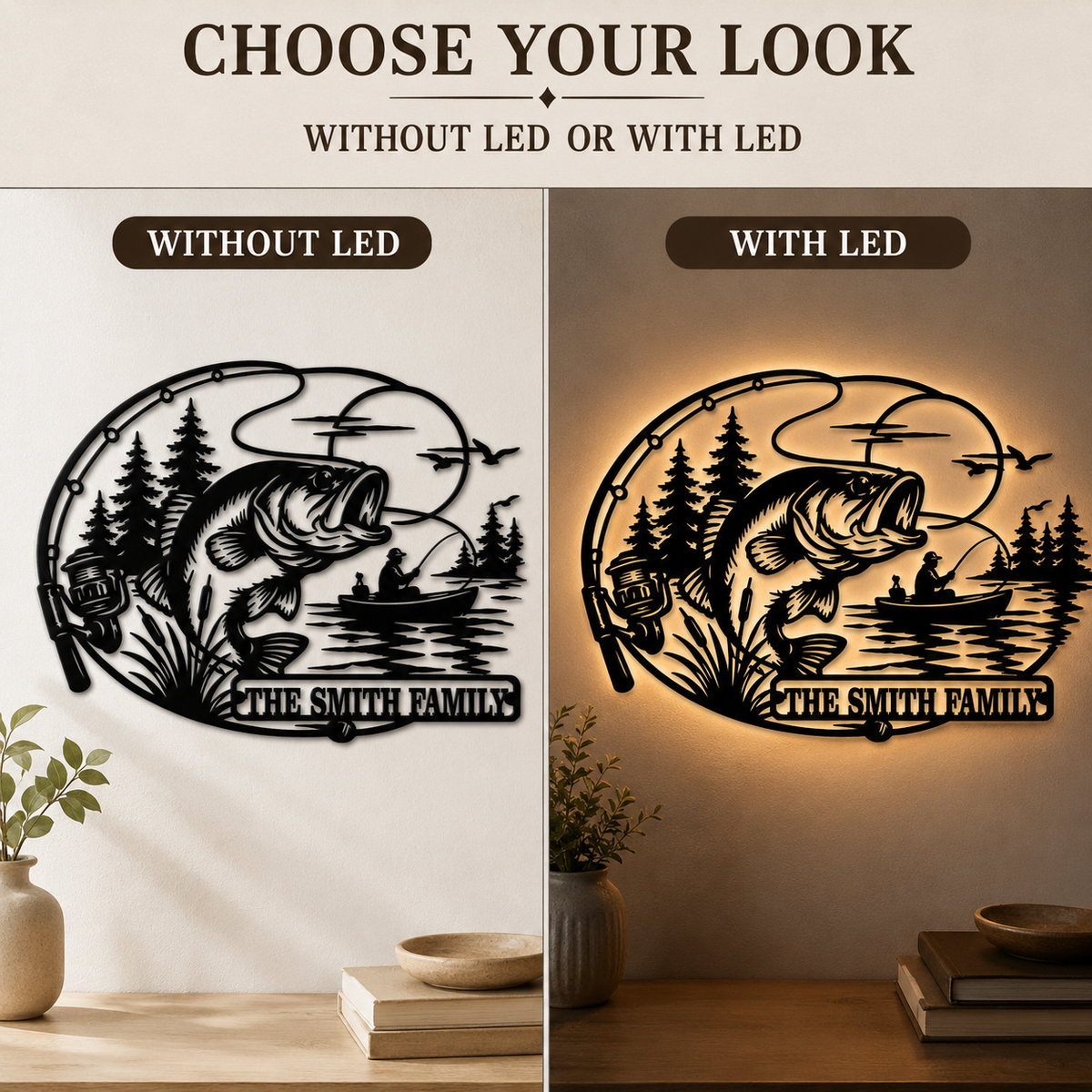 LED Option Guide - Personalized Fishing Metal Sign Custom Family Name Bass Fishing Wall