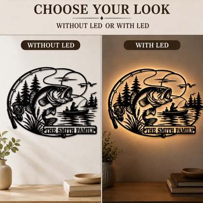 LED Option Guide - Personalized Fishing Metal Sign Custom Family Name Bass Fishing Wall