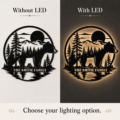 LED Option Guide - Personalized Bear Metal Sign Custom Family Name Cabin Wall Decor