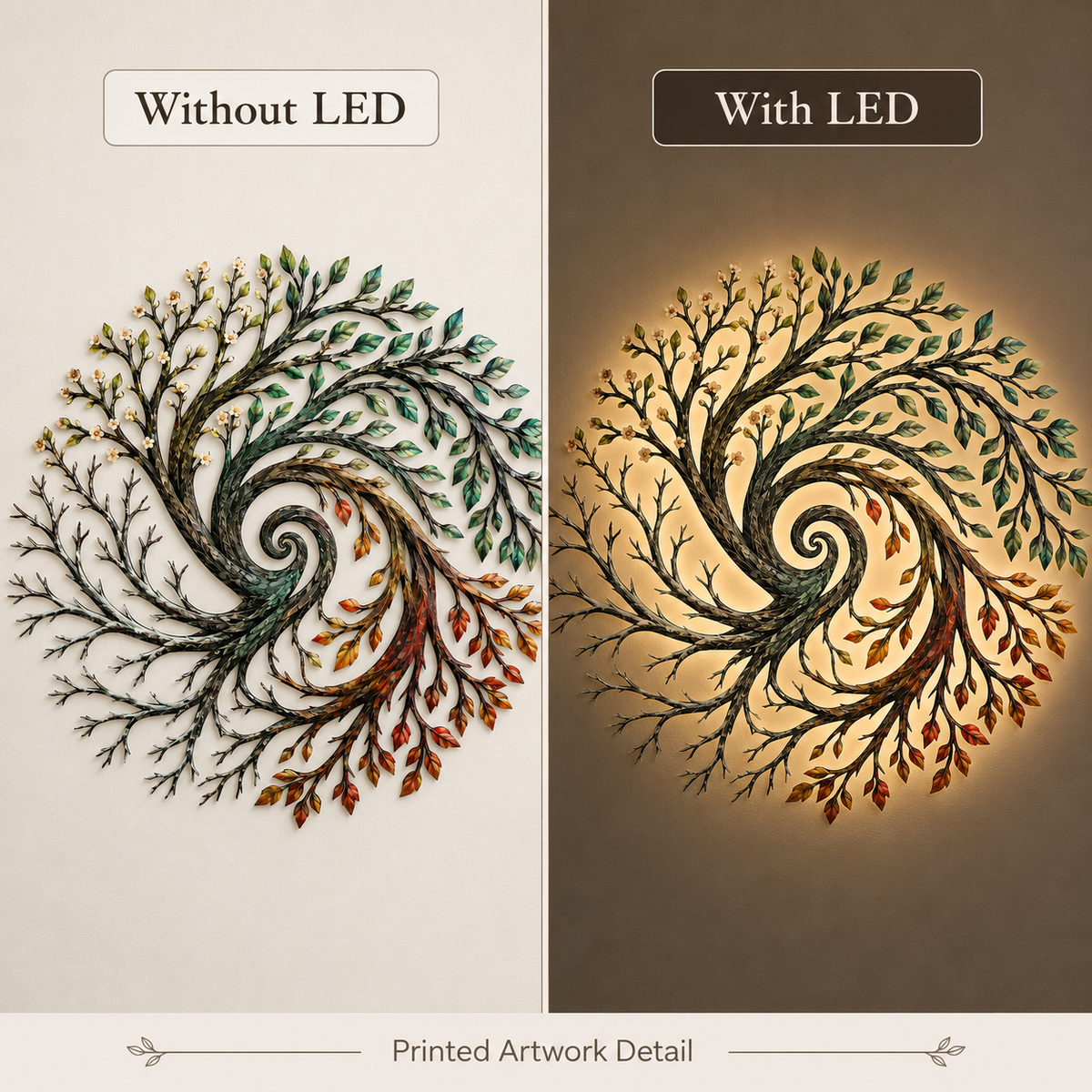 Four Seasons Tree of Life Metal Wall Art Spiral Tree Wall Decor Circular Nature Art for Living Room — LED Option Guide