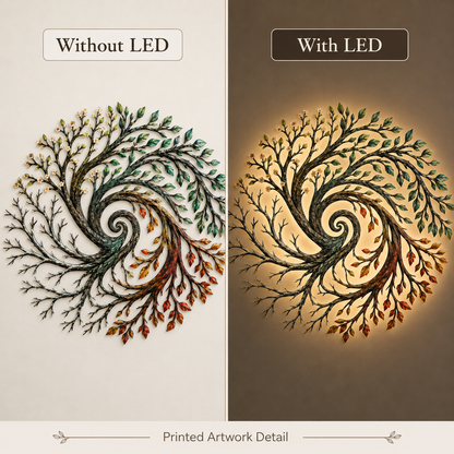 Four Seasons Tree of Life Metal Wall Art Spiral Tree Wall Decor Circular Nature Art for Living Room — LED Option Guide