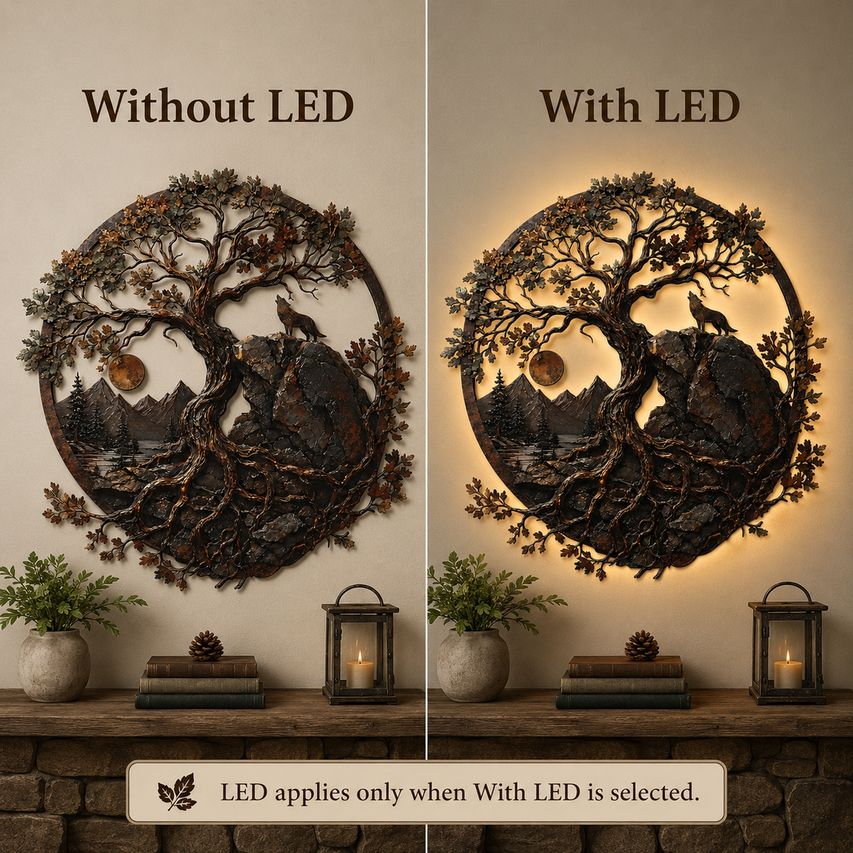 LED Option Guide - Ancient Oak Tree Metal Wall Art Wolf Mountain Wilderness Decor